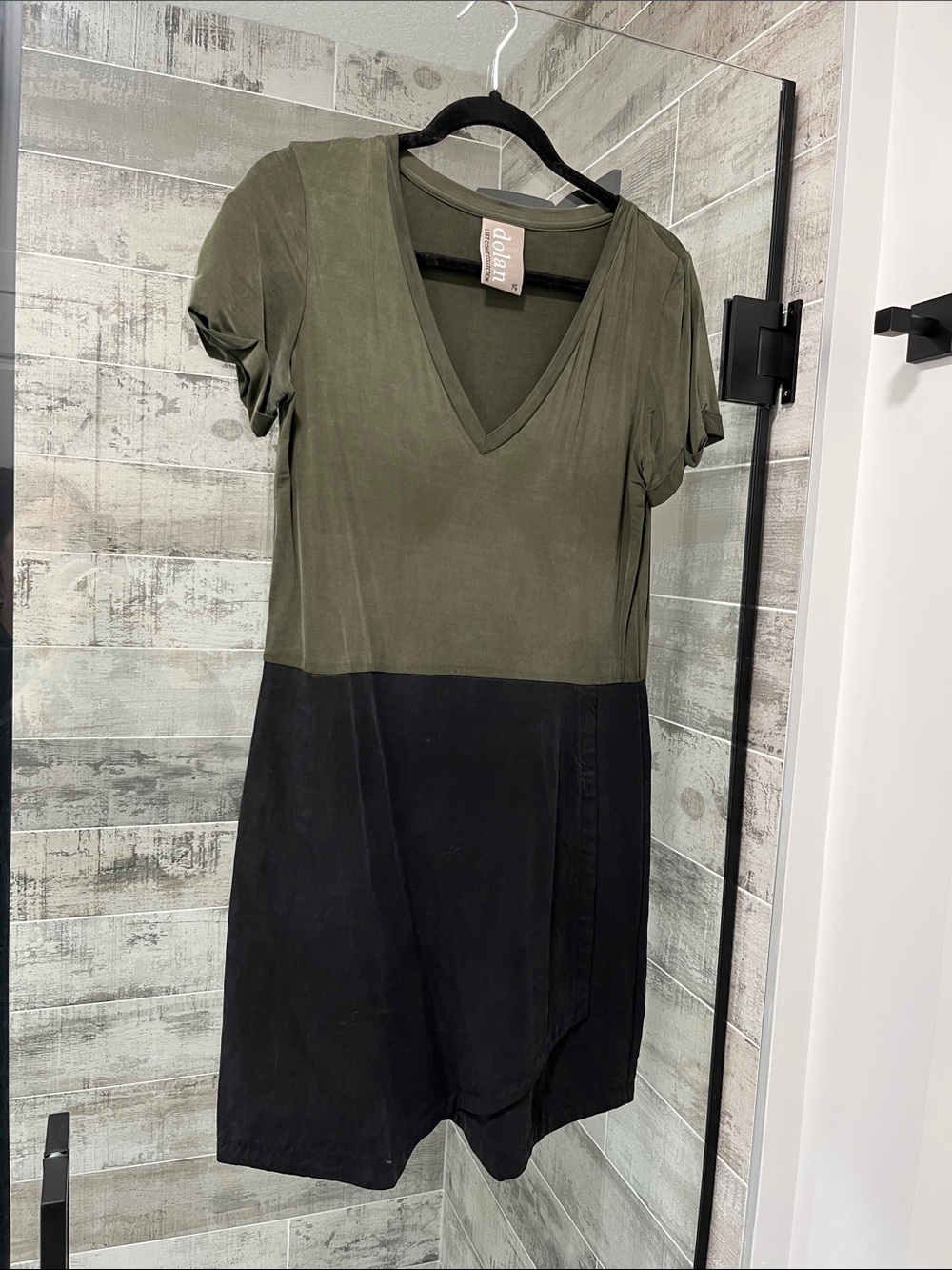 dolan Olive Green and Black Two-Tone V-Neck Mini Dress
